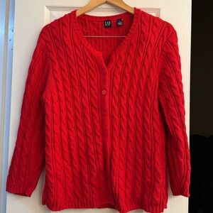 GAP Cable Knit Chunky Red 100% Cotton Button Down Classic Cardigan Sweater